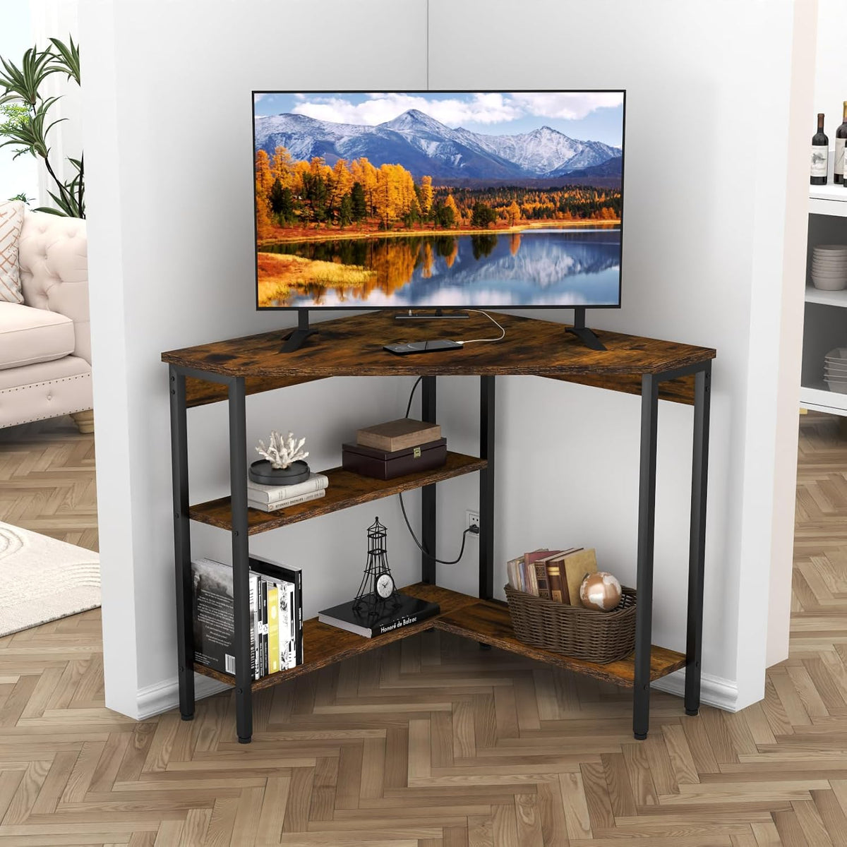 Triangle Corner Desk with Power Outlets, Storage Shelves for Small Space