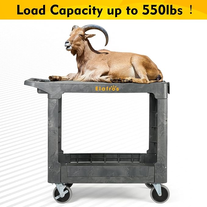 ELAFROS Heavy Duty Plastic Utility Cart Flat top 37 x 18.8 Inch - Work Cart Flat Shelves and Full Swivel Wheels Safely Holds up to 550 lbs - 2 Tier Service Cart for Warehouse,Garage, Cleaning Gray