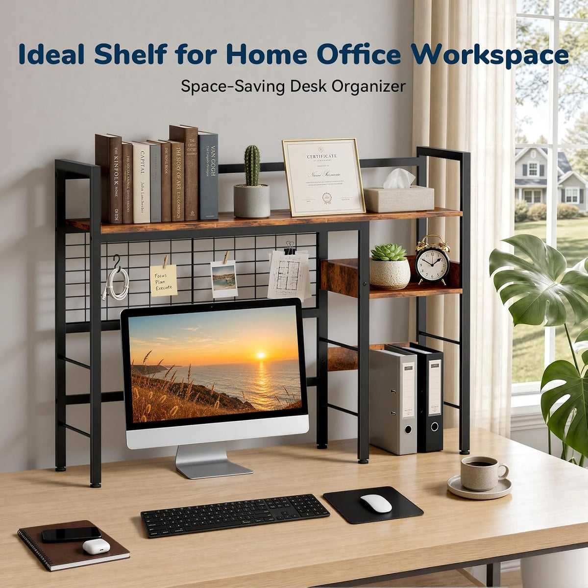 Desk Shelf, 38.6" Desk Hutch with Pegboard Hooks Set, Rustic Brown