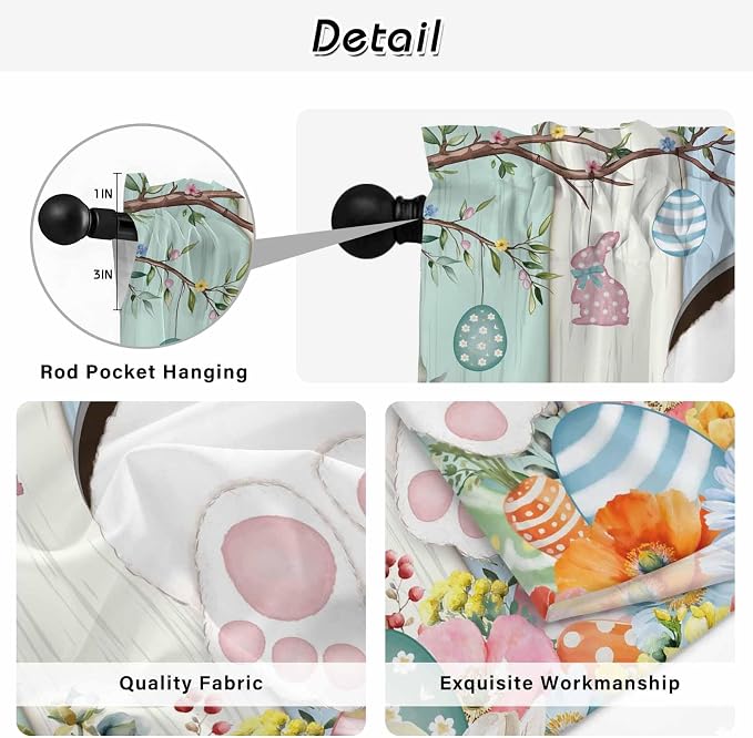Easter Kitchen Tier Curtains 24 Inch Long 2 Panel Set, Rod Pocket Cafe Small