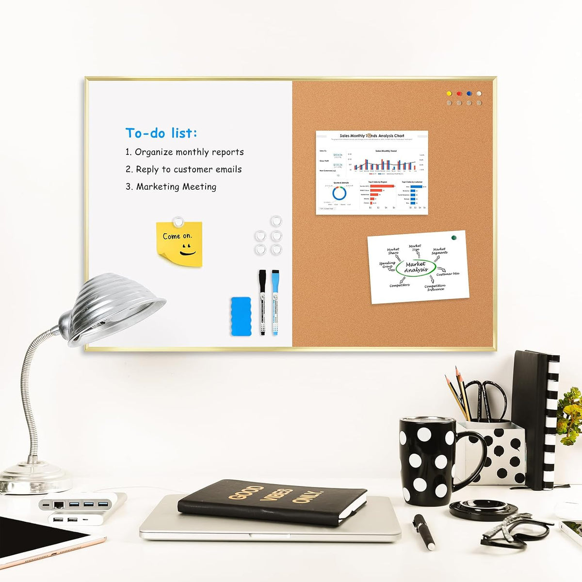 Magnetic Dry Erase White Board & Cork Board Combo, 24"x18", Wall Mounted