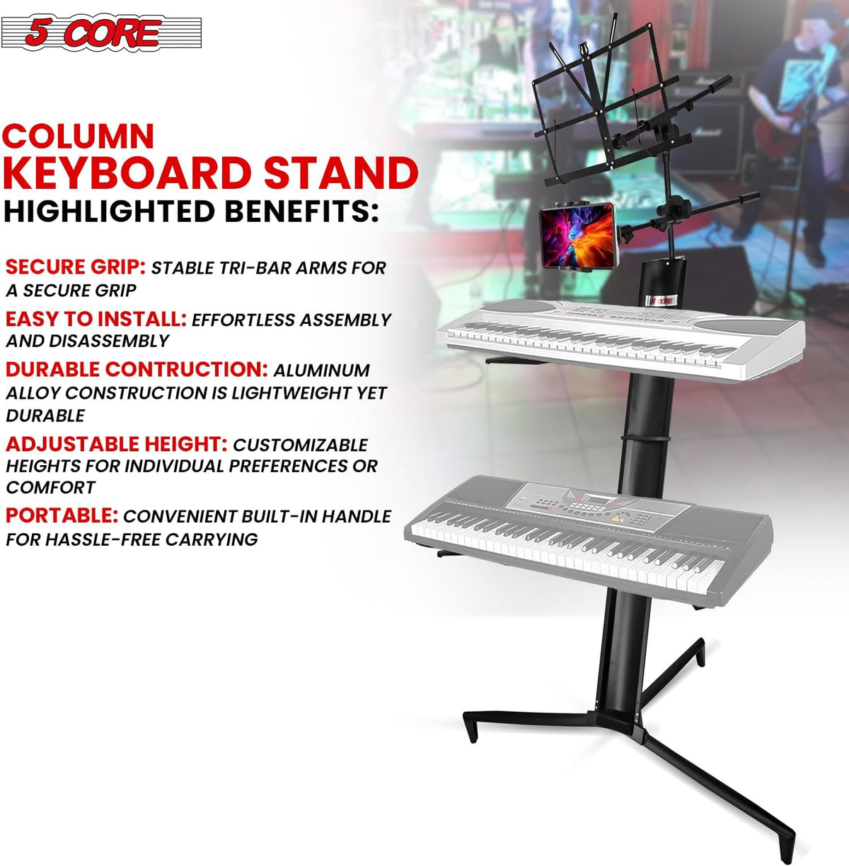 5 CORE Keyboard Stand 2 Tier Column for 61/76/88 Key Board DJ Controller Stands for Electric Digital Midi Pianos Black - KS C 2TD BLK AL