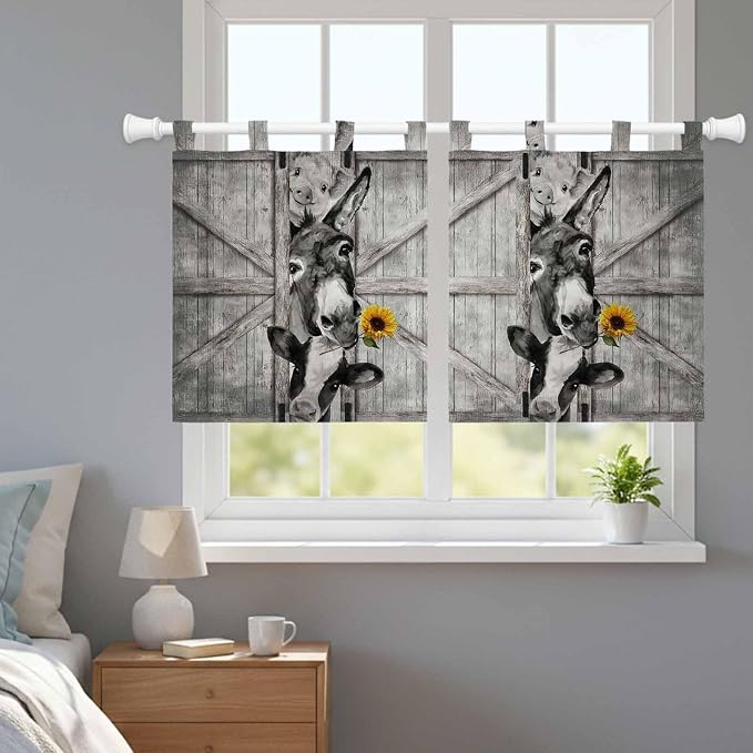 Funny Farm Animals Kitchen Curtains 36 Inch Length, Small Window Curtains Tab