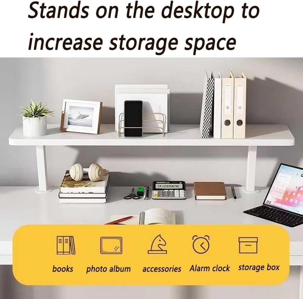 Clamp On Desk Organizer Shelf White, Above Desk Storage Extension Portable No Drill Required Bookcase Clamp Rack for Home Office Dorm Workstation and Study Space (White, 39.4x7.8 in)