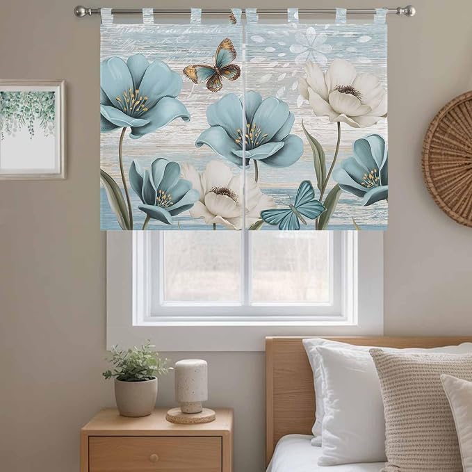 Spring Floral Kitchen Curtains 45 Inch Length, Short Cafe Window Curtains Tab