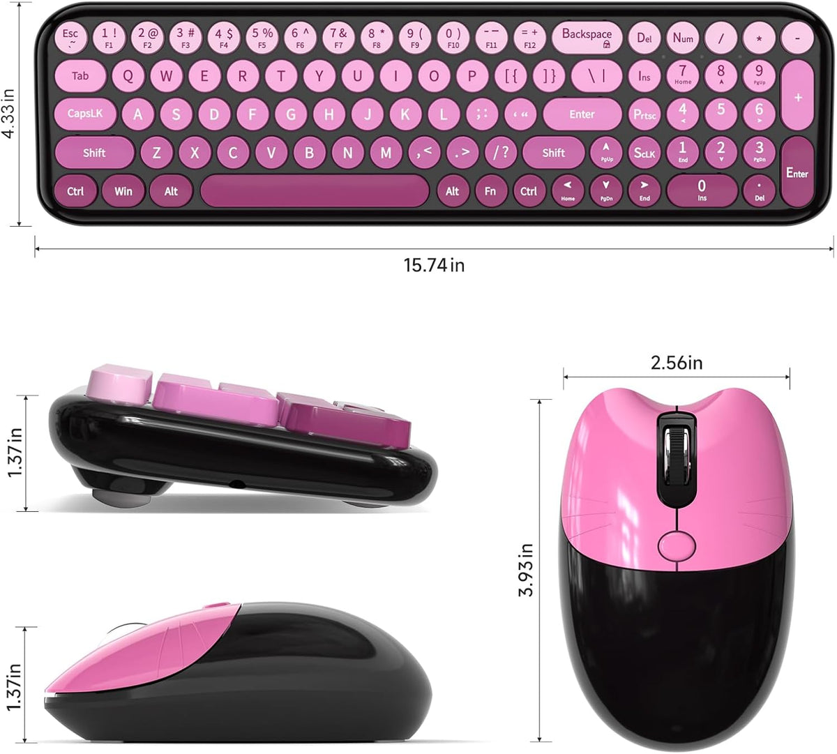 Dilter Wireless Keyboard and Mouse Combo, Portable Retro Keyboard with Compact Size, 2 in 1 USB Connected Mouse for Windows 7/8/10, Laptop, Desktop, PC, Computer (Black Pink)