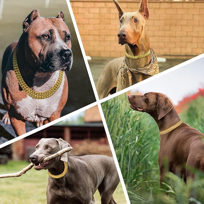 Gold Dog Chain Collar Stainless Steel 18K Gold Collar Adjustable Walking, Metal Cuban Link Chew Proof Double Row Chain for Large Small Medium Dogs