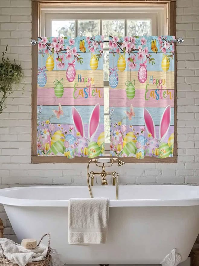 Colorful Easter Kitchen Curtains 45 Inches length, Spring Watercolor Bunny Egg