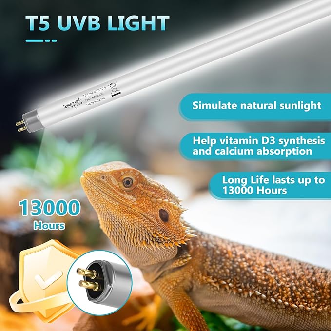 T5 UVB Reptile Light 24W 10.0 + UVA Light Bulb for Reptiles, 3-Pack Lamp Tube for Bearded Dragon, Desert-Grade Reptile UVB lamp Fixture