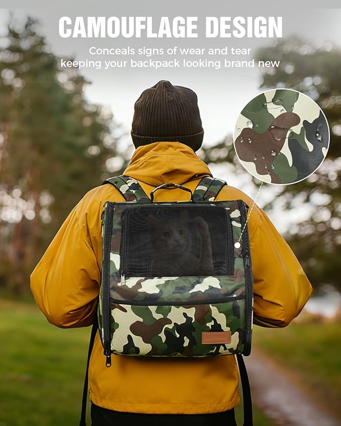 PETUX Cat Backpack Carrier for Small Cat & Dog up to 12 lb - Camouflage Style, Escape-Proof, Widened Interior, 3 Side Breathable Soft Sided Dog Backpack Carrier for Travel, Hiking and Vet - Green