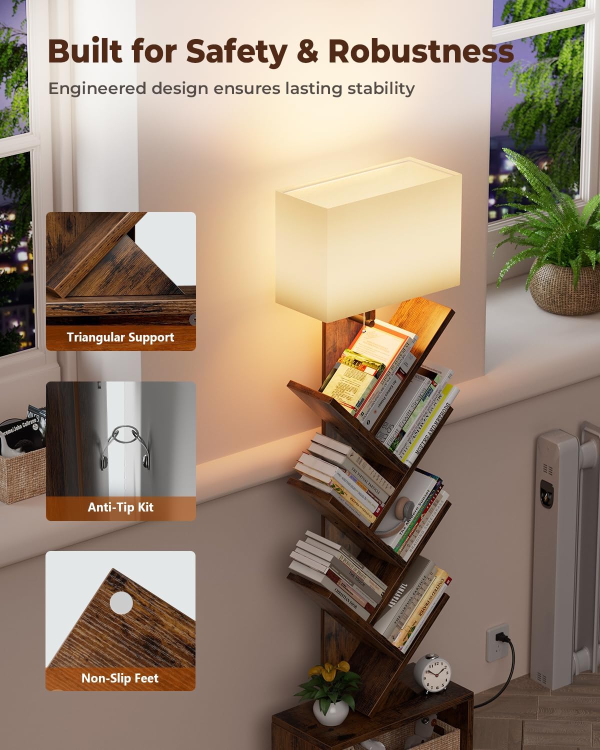 Evermagin 6 Tier Tree Bookshelf with Light, Bookcase, Rustic Brown