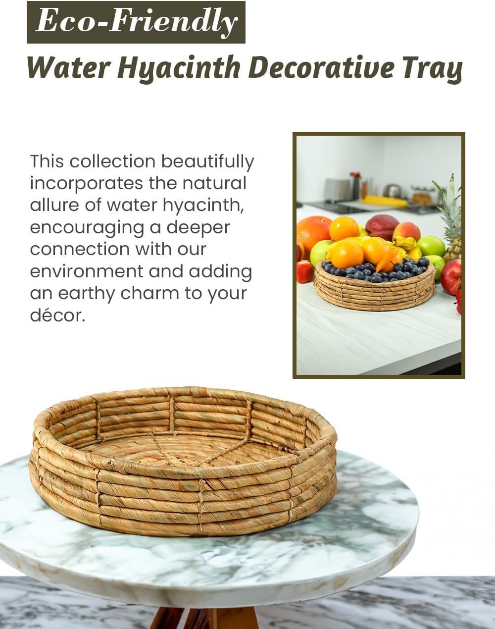 Serene Spaces Living Eco-Friendly Water Hyacinth Decorative Tray - Stylish Holder for Accessories, Candles, Jewelry, and Centerpiece for Kitchen or Dining Table, Measures 14" Diameter and 3" Tall