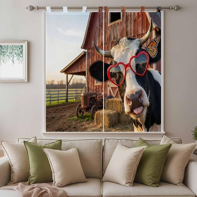 Farm Cows Living Room Curtains 84 Inch Length, Window Curtains Tab Top