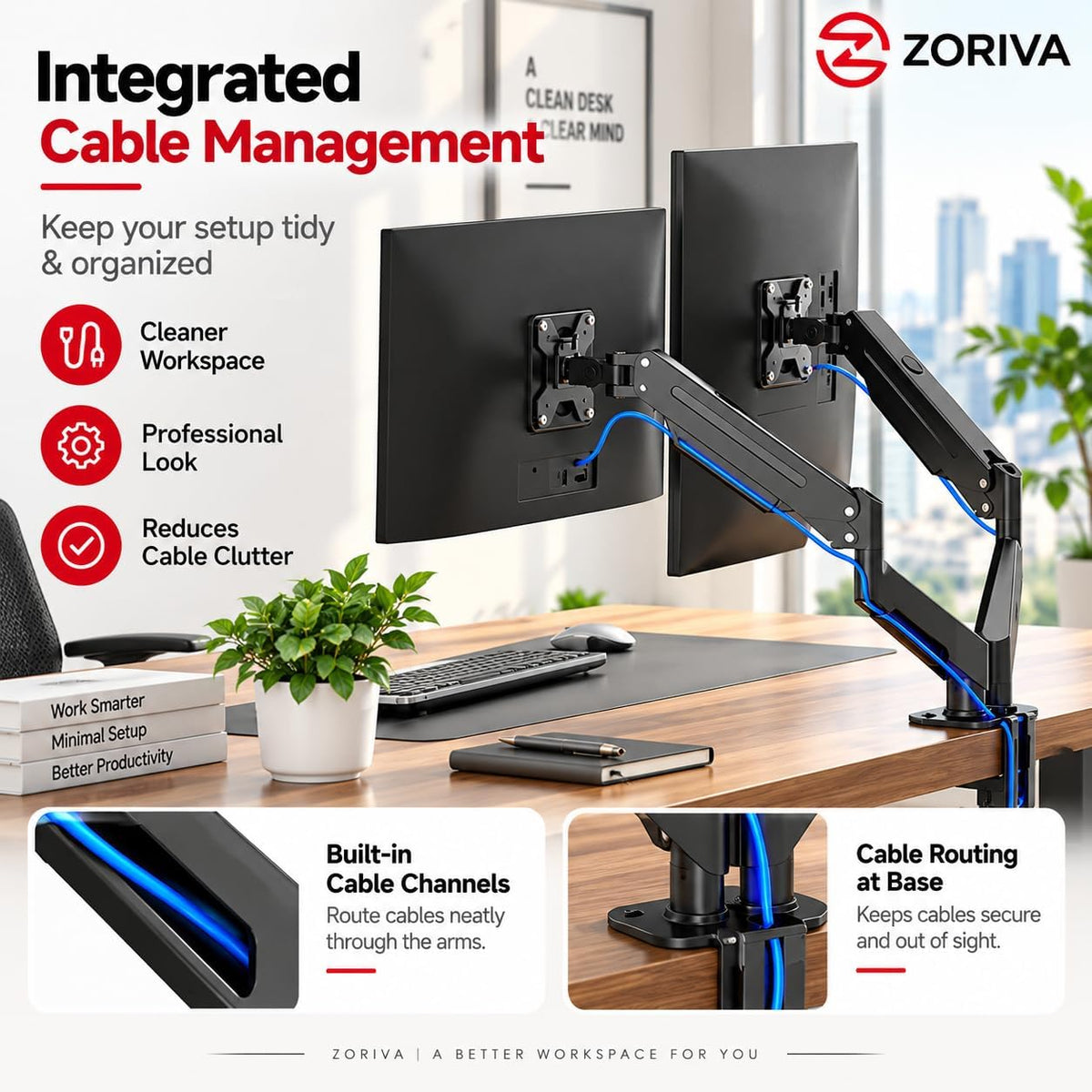 Dual Monitor Arm Full Motion Gas Spring Desk Mount for 13-34" Screens, Space-Saving VESA Stand for Gaming, Work, and Productivity