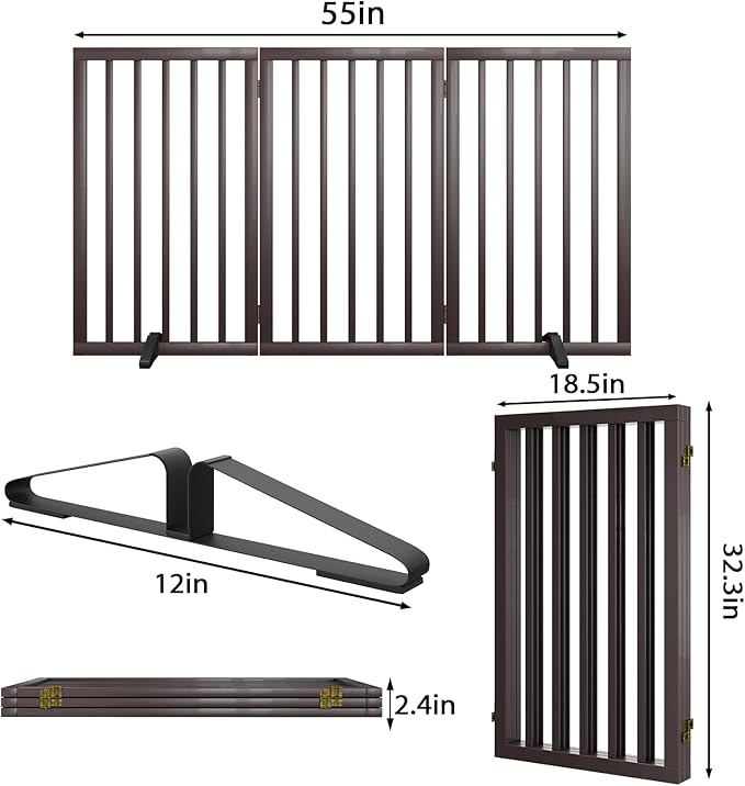 Dog Gate for Doorways 32" Tall Freestanding Dog Gate for Stair Foldable Pet Gate for Dogs Indoor (Brown,3 Panel)