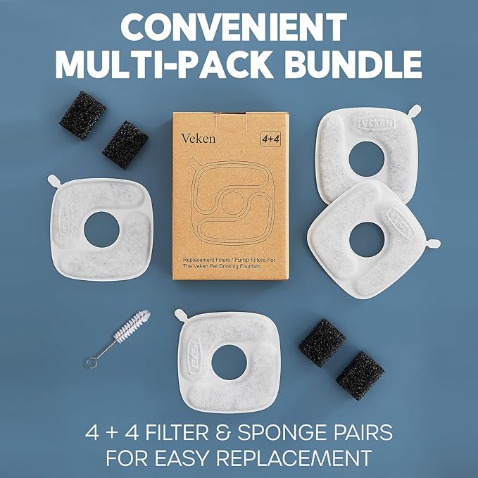 Veken Cat Water Fountain Filters, 4 Pack Replacement Filters & 4 Pack Replacement Pre-Filter Sponges Set for 50oz, 84oz, 95oz or 108oz Automatic Pet Fountain Dog Water Dispenser