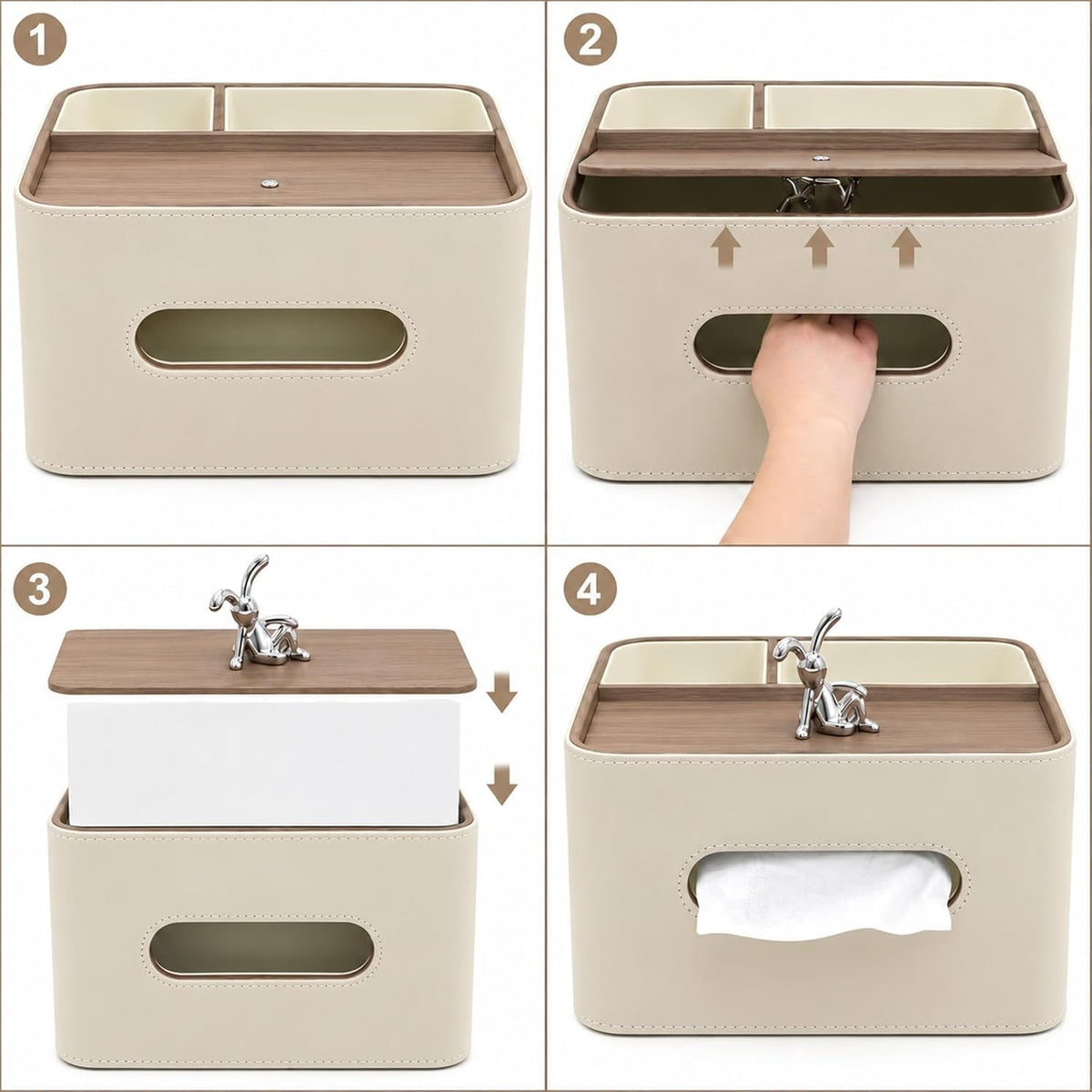 PU Leather Rectangle Tissue Box Cover with Storage Organizer, White