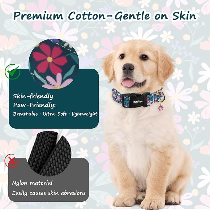 Dog Collar for Medium Dogs, Spring Dark Green Dog Collars with Flowers Pattern, Adjustable Cotton Dog Collars, Cute Girl or Boy Dog Collar Ideal for Gifts,Pet Accessory