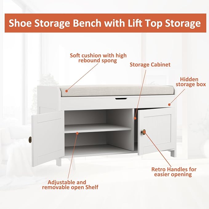 HOMEFORT 30" Shoe Bench with Lift Top Storage, Entryway Bench with Cushioned