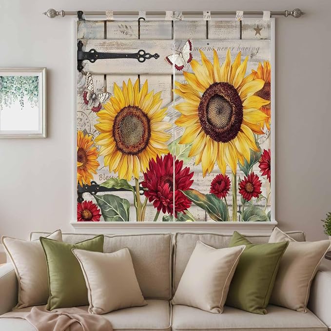 Red Yellow Sunflowers Living Room Curtains 84 Inch Length, Window Curtains Tab