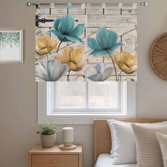 Watercolor Flowers Bedroom Curtains 63 Inch Length, Window Curtains Tab Top