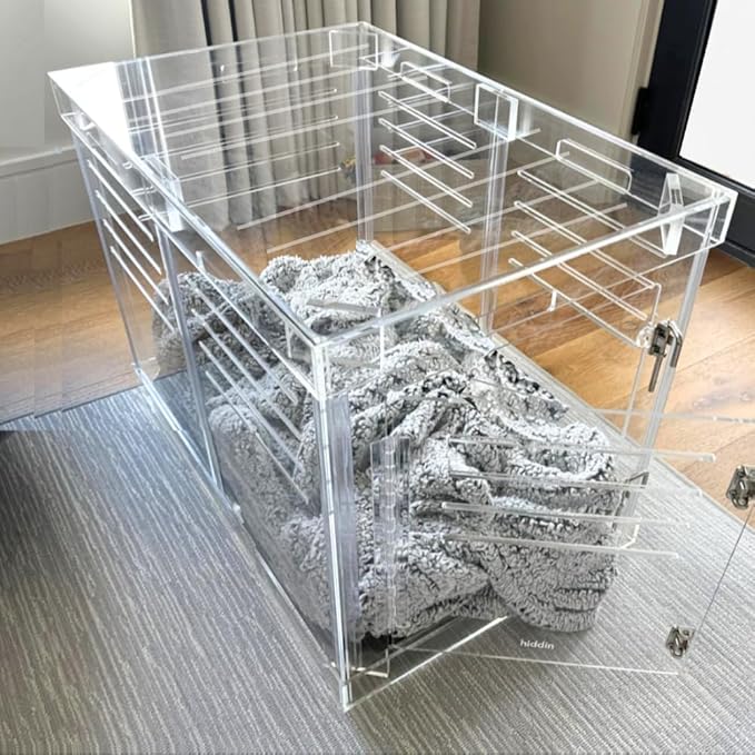 Clear Acrylic Medium Dog Crate Furniture with Charcoal Cushion for Medium Dogs up to 40 lbs, 3 in 1 Pet Crate and Gate, Modern Furniture Style Indoor Kennel, Dual Silver Latch, 20 x 30 x 22 in