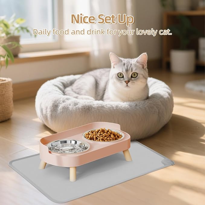 Elevated Cat Bowl with Food Mat, Raised Cat Food and Water Bowl Set
