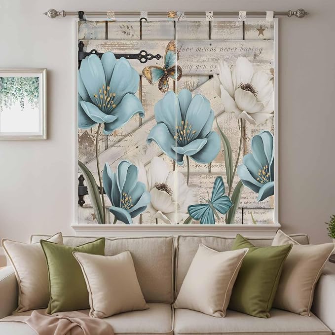 Teal Blue Tulips Living Room Curtains 84 Inch Length, Window Curtains Tab Top