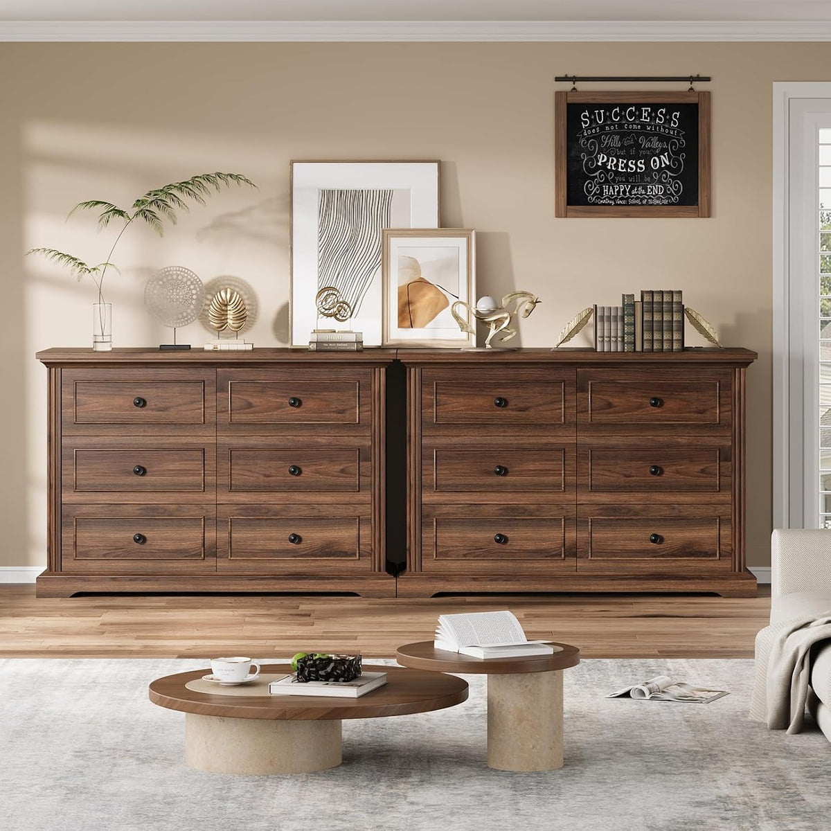 QUW Farmhouse 6 Drawer Dresser for Bedroom, 47" Wide Wood Chest of Drawers with Charging Station, Metal Handle, Modern Closet Clothes Storage Organizer for Living Room, Hallway, Entryway, Dark Walnut