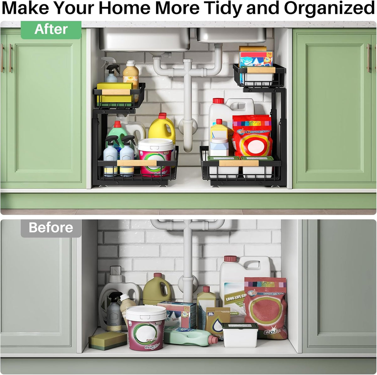 Kitstorack Under Sink Organizer, 2 Tier Under the Sink Storage, Slide out Pull out Cabinet Organizer Shelf, Metal Sliding Drawer for Kitchen Bathroom Pantry Closet Organization Rack, Black, 2 Pack