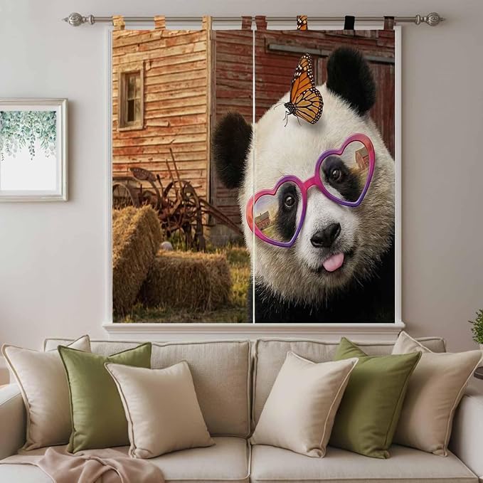 Farm Panda Bedroom Curtains 72 Inch Length, Window Curtains Tab Top, Farmhouse