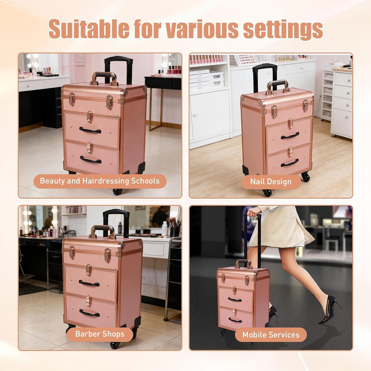 3 in 1 Cosmetic Train Cases Rolling on Wheels Makeup Train Case ๐ฐ๐ข๐ญ๐ก ๐๐ซ๐๐ฐ๐๐ซ๐ฌ ๐๐ง๐ ๐๐ฅ๐๐๐ซ ๐๐๐ค๐๐ฎ๐ฉ ๐๐๐ ,3-Layer Large Nail Cart & Organizer for Makeup Artists,Nail Technicians