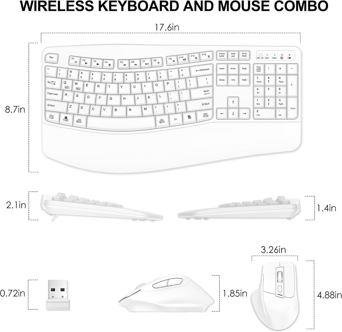 Wireless Keyboard and Mouse Combo, 2.4G Ergonomic Wave Keys(White)