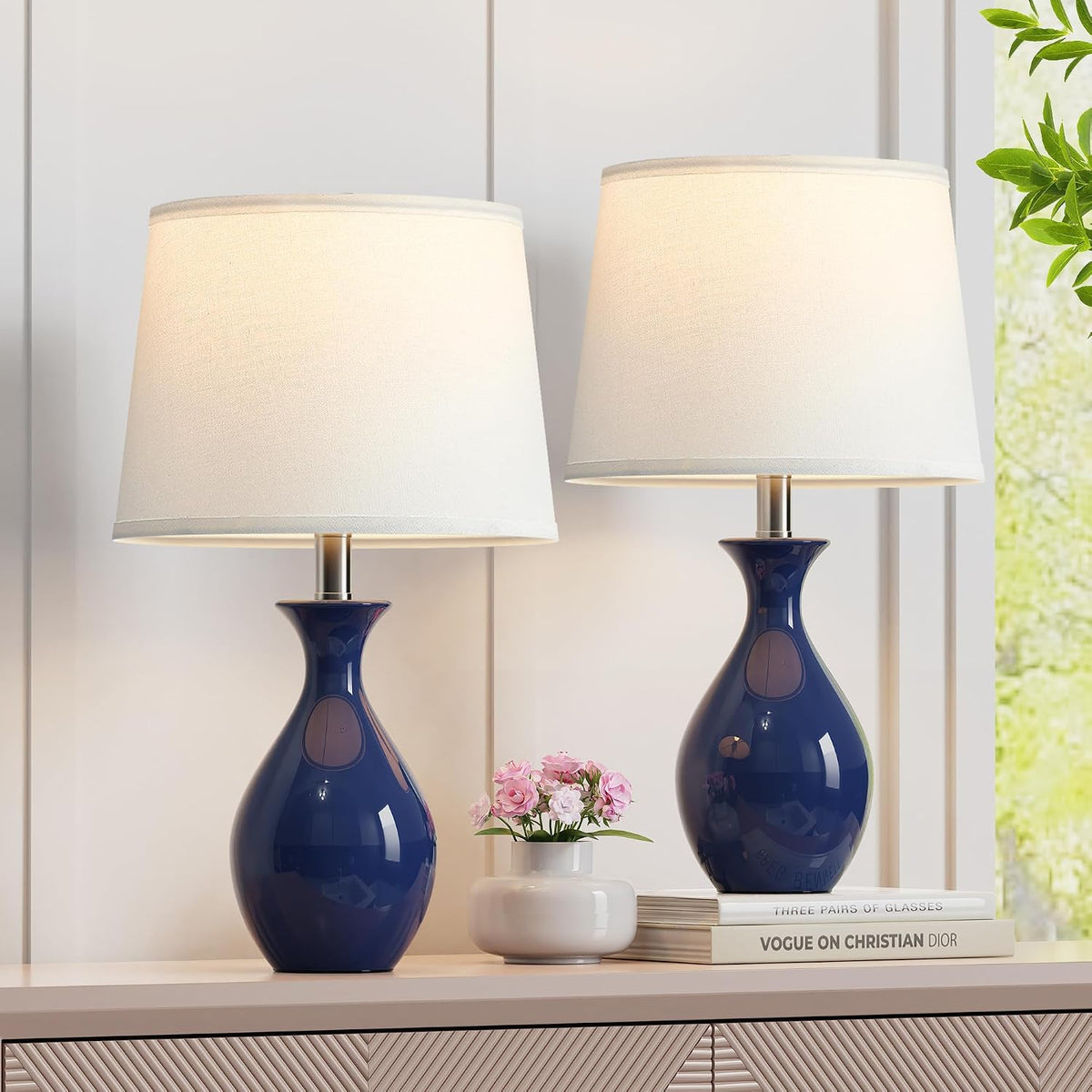 PARTPHONER Table Lamp Set of 2, Modern Ceramic Bedside Lamps for Night Stands, Classic Small Lamp Nightstand Lamp for Bedroom Living Room Desk End Table Rocker Navy Blue