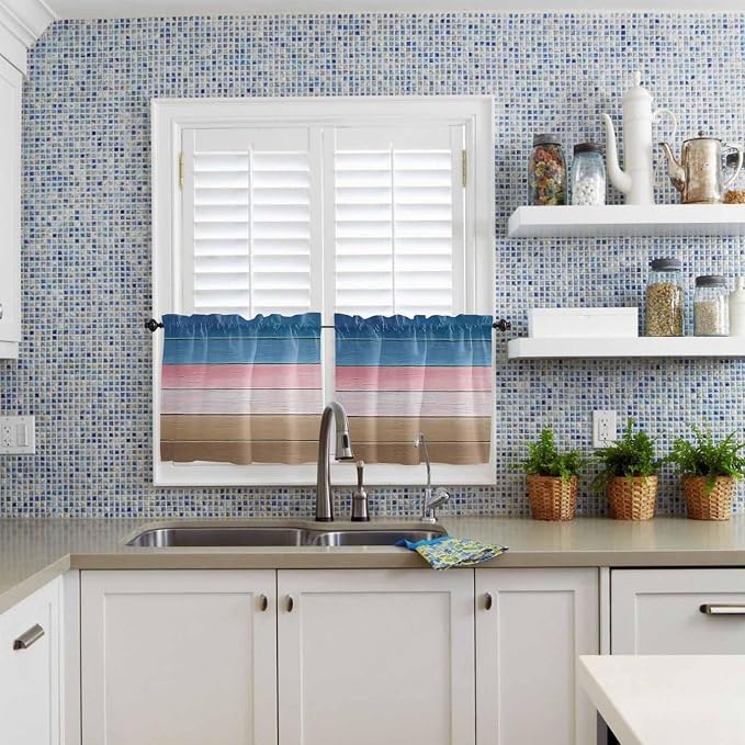 Blue Pink Brown Gradient Wood Grain Window Valance Curtains, Vintage Wood Board