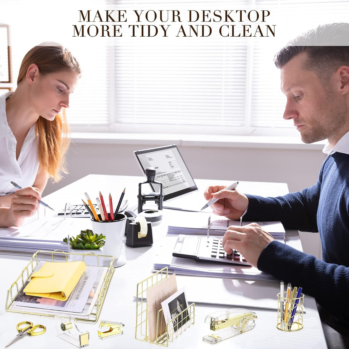 Yaomiao 13 Pcs Desk Accessories Set Organizer Office Supplies, Gold