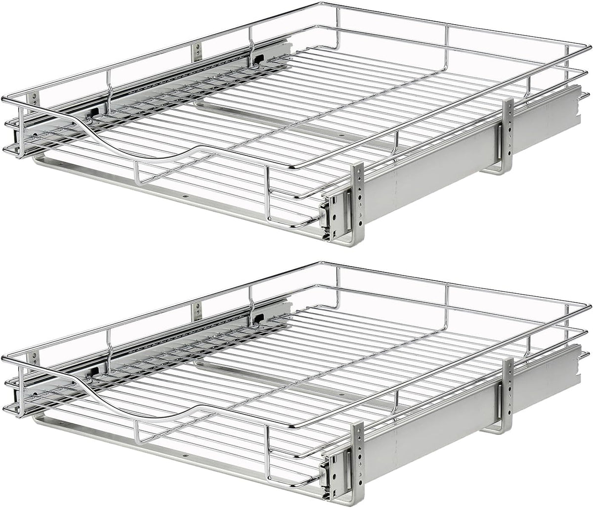 DINDON Pull Out Cabinet Organizer, (11" W x 21" D) Heavy-Duty Metal Sliding Drawer Shelf, Bathroom Under Sink Kitchen Cabinets Organizer and Storage Slide Out Shelves, Chrome, 1 Tier, 2 Pack