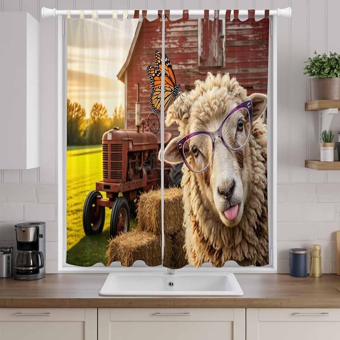 Farm Sheep Living Room Curtains 84 Inch Length, Window Curtains Tab Top