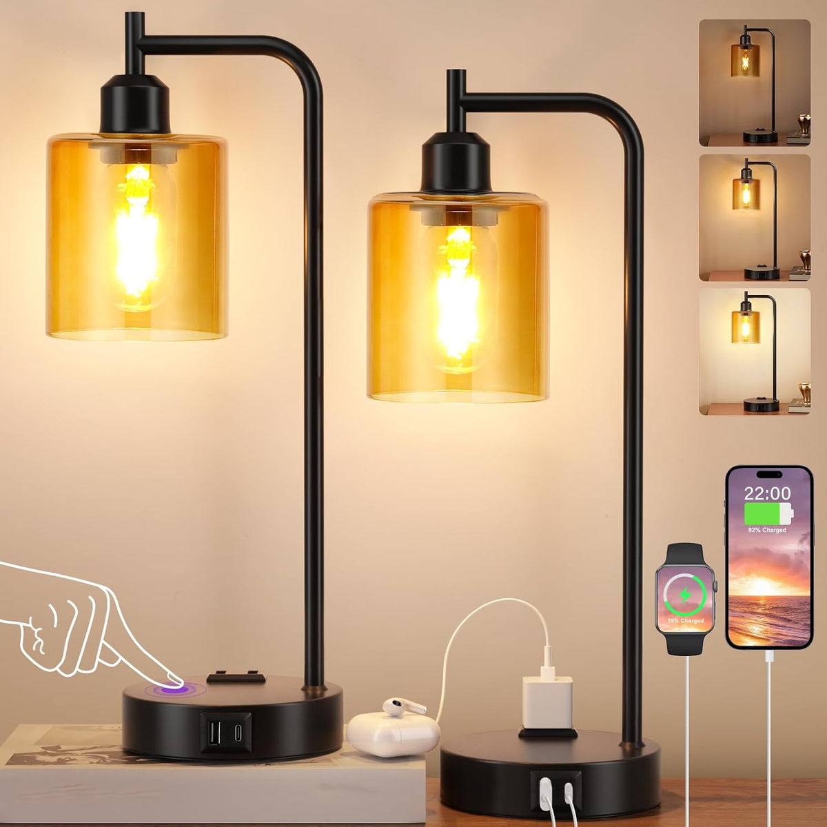 Industrial Touch Nightstand Lamps for Bedrooms Set of 2 - 3-Way Dimmable Table Lamps with USB C+A Ports and Outlet, Bedside Lamps with Amber Glass Shade for Living Room, Desk Lamps for Home Office