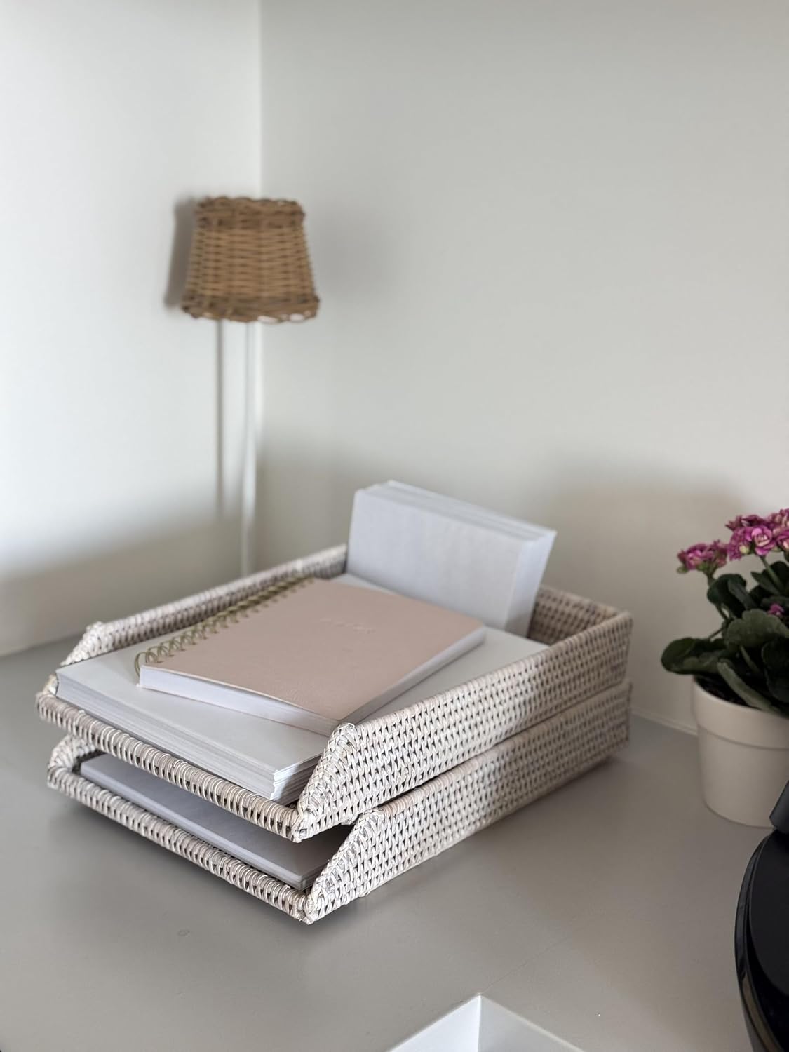 KOUBOO La Jolla Rattan Stackable Letter Tray, Paper Organizer, File Tray, Paper Tray, Desk Tray, Office Supplies, Paper Storage, Classroom Organizer, White Wash