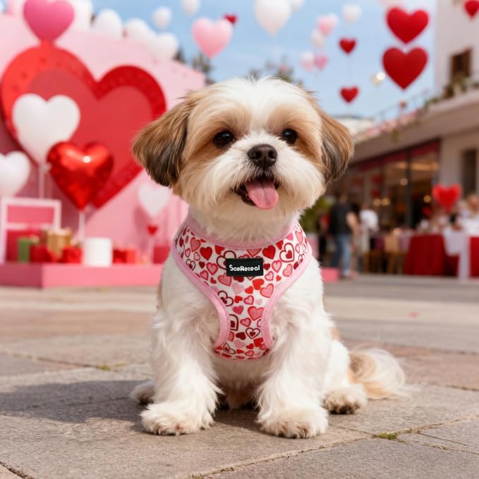 SCENEREAL Valentines Dog Harness Collar and Leash Set for Small Dogs, Soft Mesh Harnesses,Pet Vest for Outdoor Walking Training and Running, XS