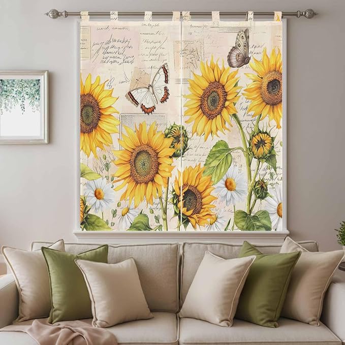 Yellow Sunflowers Bathroom Curtains 63 Inch Length, Window Curtains Tab Top