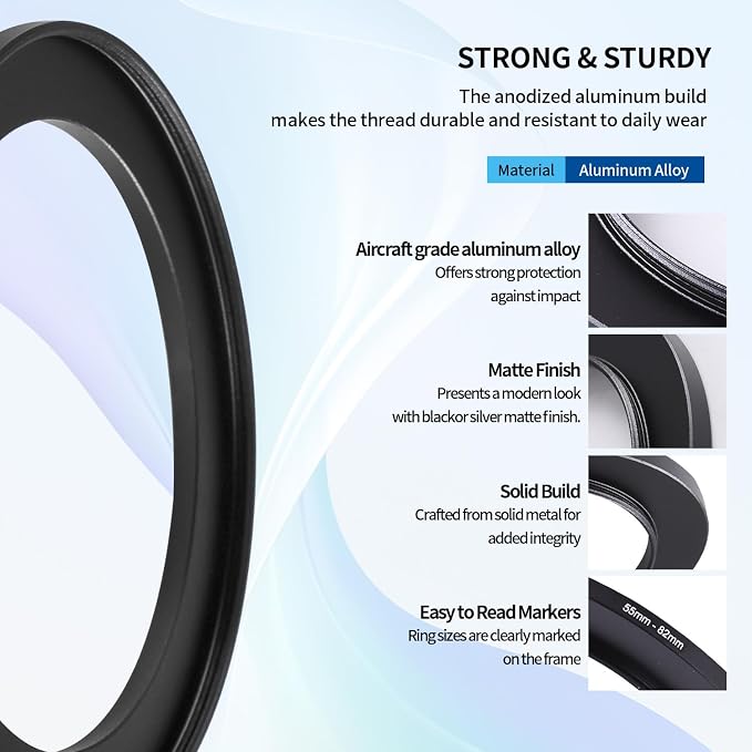 55-82mm Step-Up Ring Adapter, 55mm to 82mm Step Up Filter Ring