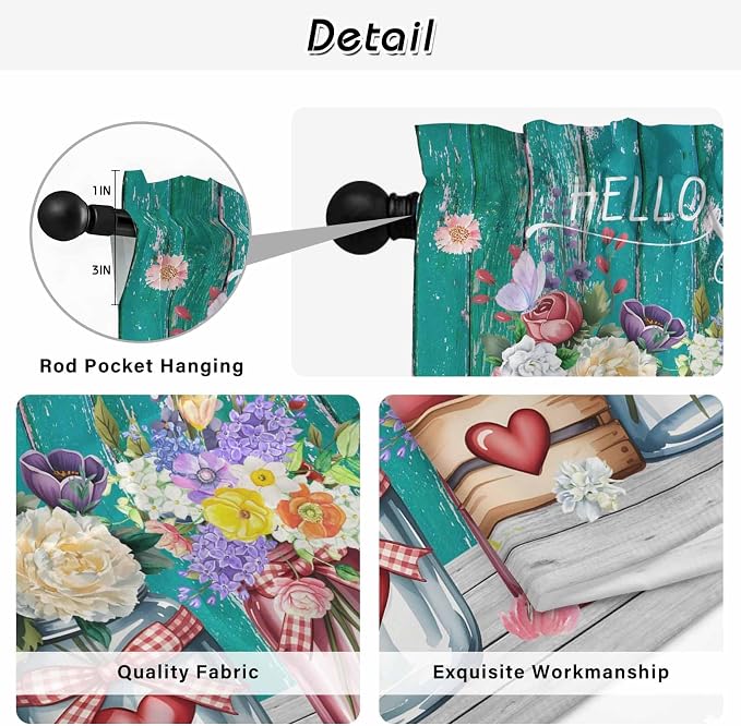 Spring Flowers Tier Curtains, Farmhouse Watercolor Teal Wood Grain Light