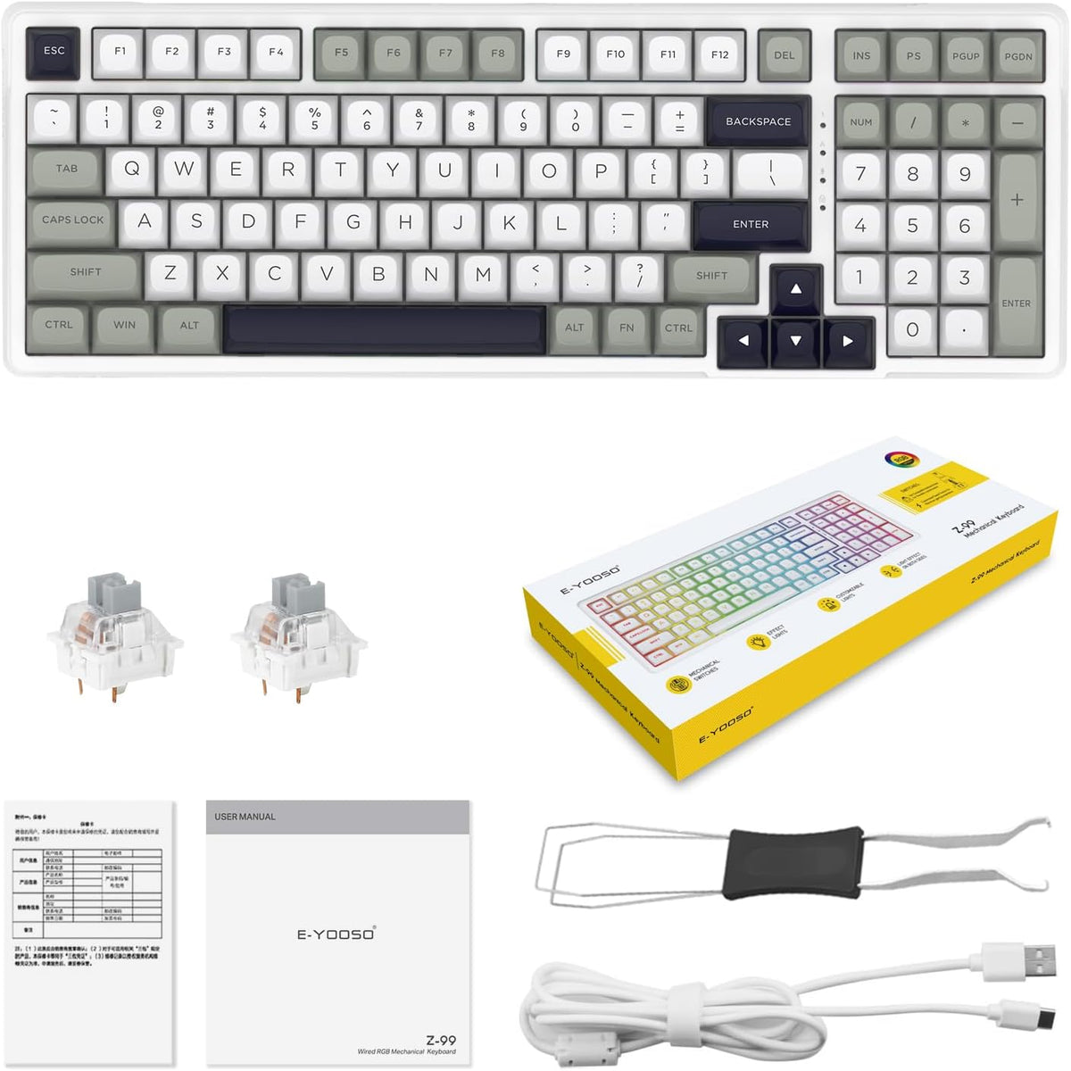 HUO JI Z-99 Wired Mechanical Keyboard, Creamy Sound, RGB Backlit,White Gray