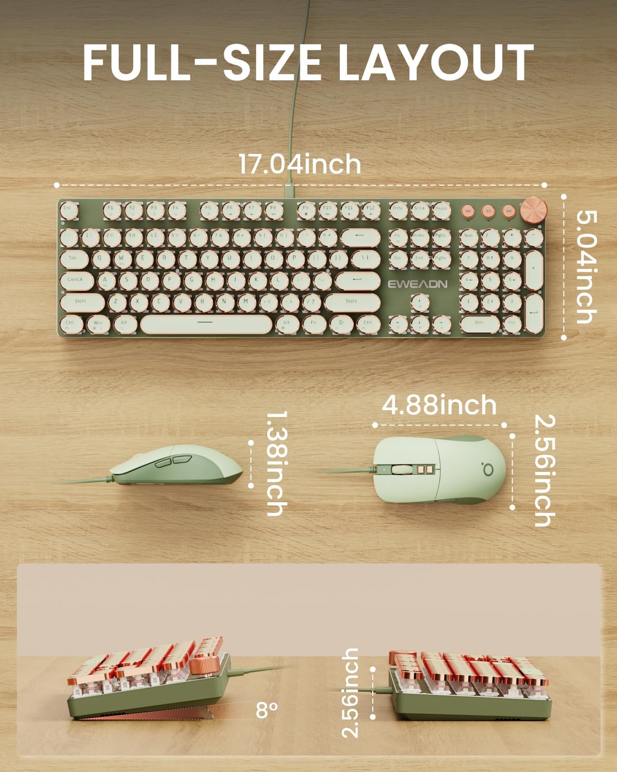 Wired Typewriter Keyboard and Mouse Combo, White Backlit, Soft Clack, Green