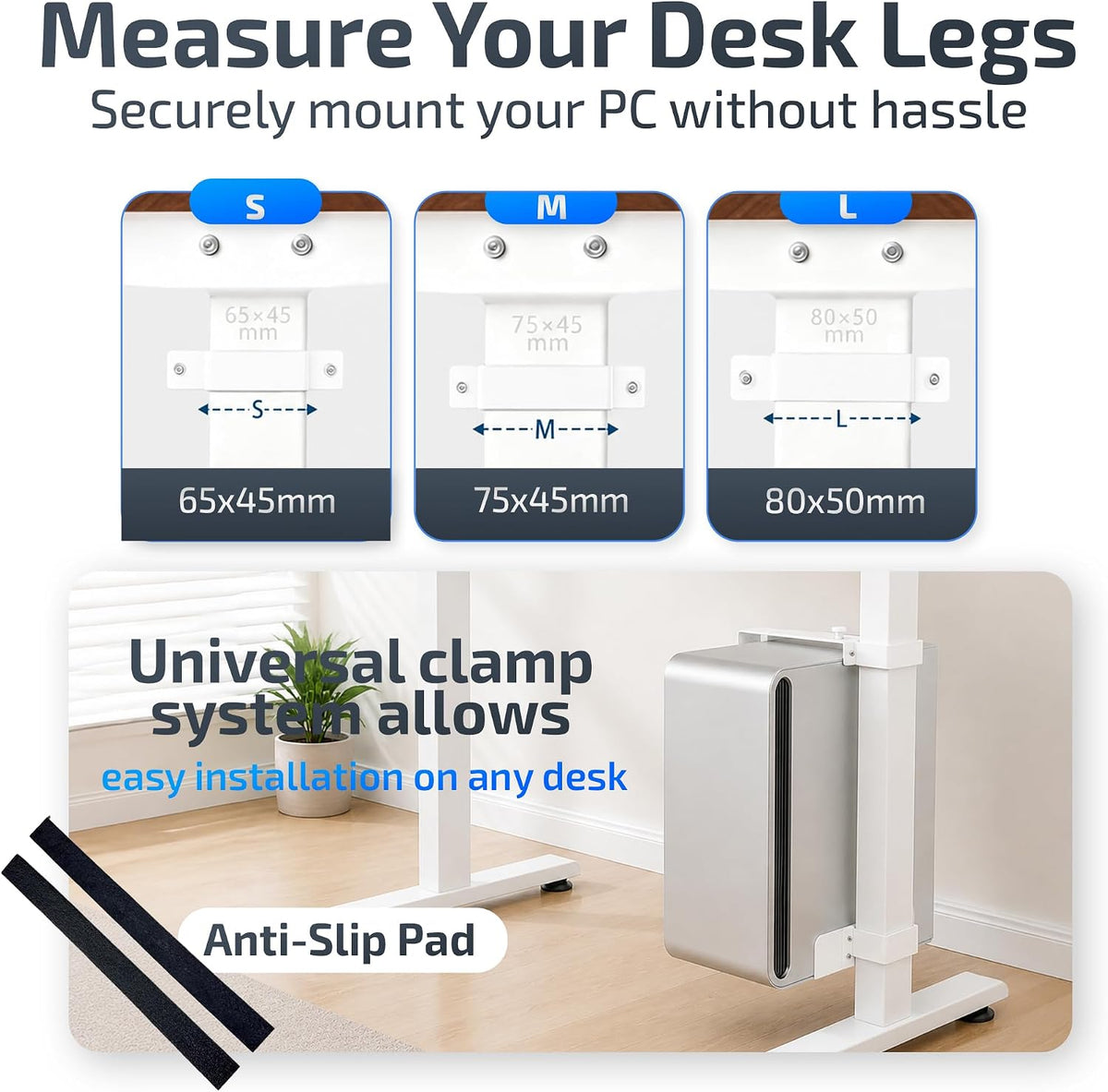 Adjustable No Drill Under Desk PC Mount, 50lb Capacity