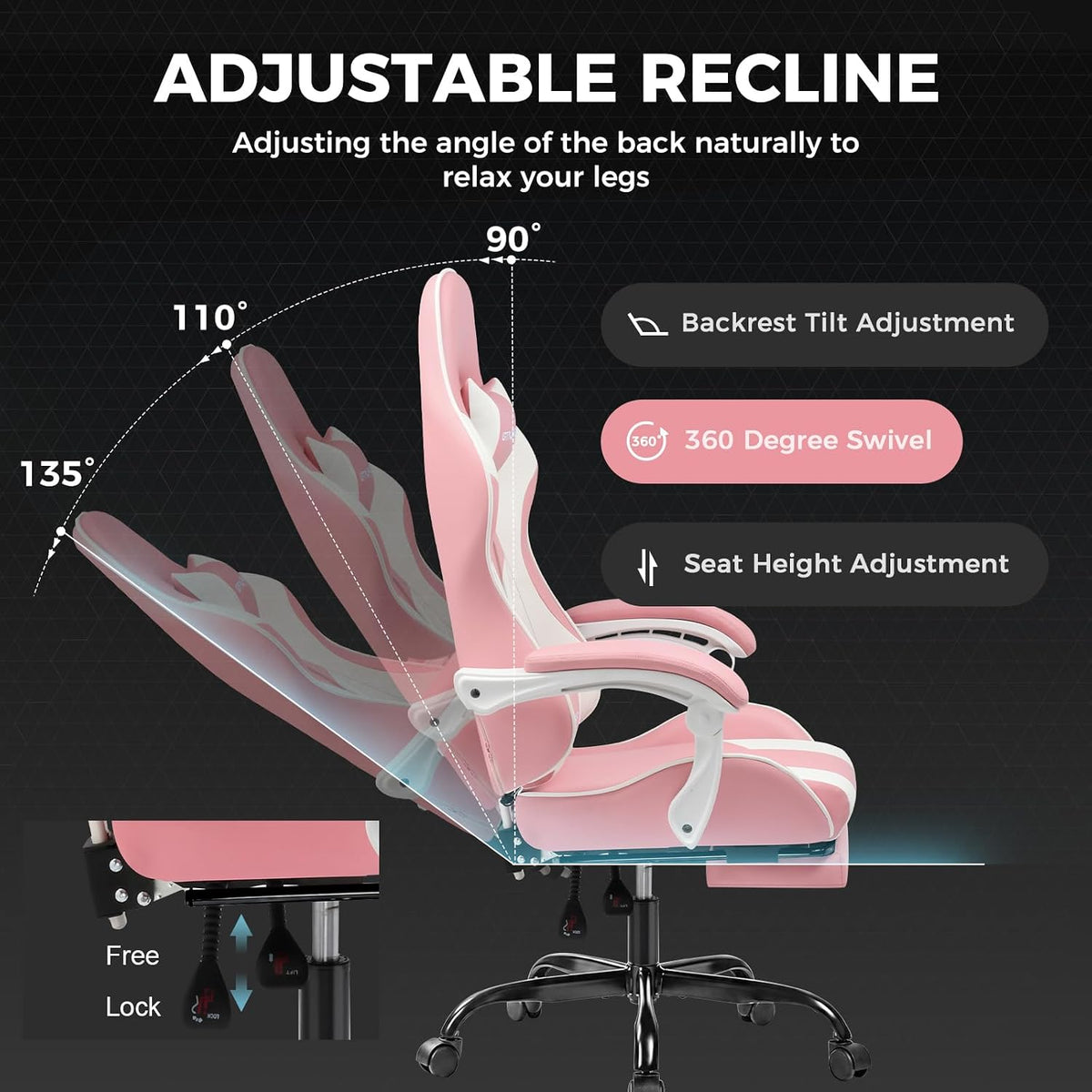 GTPLAYER Gaming Chair, Computer Chair with Footrest and Lumbar Support, Height Adjustable Game Chair with 360°-Swivel Seat and Headrest and for Office or Gaming (Faux Leather, Pink)