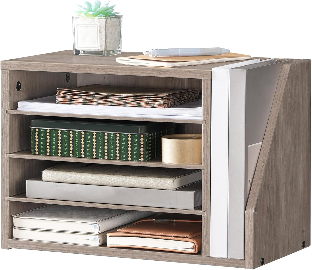 HOOBRO Mail Sorter, Literature Organizer with Adjustable Shelves, Paper Organizer for Office, Home, Wood Countertop Mail Sorter, File Holders, Magazines, Greige BG41WF01N1