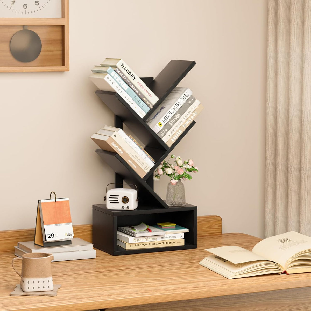 SHEEPAM 5 Tier Tree Book Case, Small Bookshelf with Shelf
